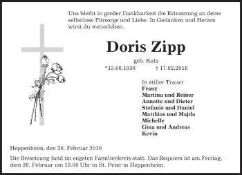 Traueranzeige von Doris Zipp von trauer.echo-online.de