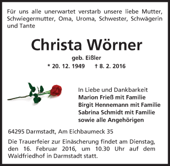 Traueranzeige von Christa Wörner von trauer.echo-online.de