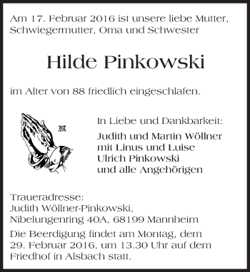 Traueranzeige von Hilde Pinkowski von trauer.echo-online.de
