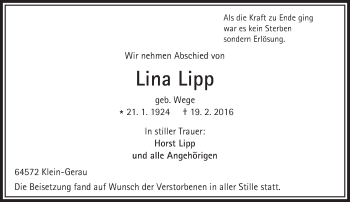Traueranzeige von Lina Lipp von trauer.echo-online.de