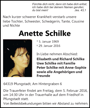 Traueranzeige von Anette Schilke von trauer.echo-online.de
