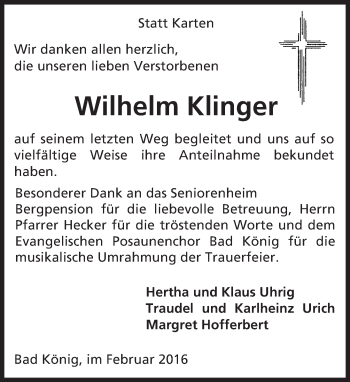 Traueranzeige von Wilhelm Klinger von trauer.echo-online.de