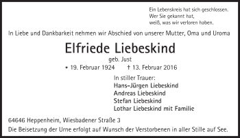 Traueranzeige von Elfriede Liebeskind von trauer.echo-online.de