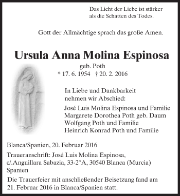 Traueranzeige von Ursula Anna Molina Espinosa von trauer.echo-online.de