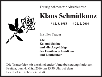 Traueranzeige von Klaus Schmidkunz von trauer.echo-online.de