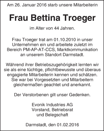 Traueranzeige von Bettina Troeger von trauer.echo-online.de