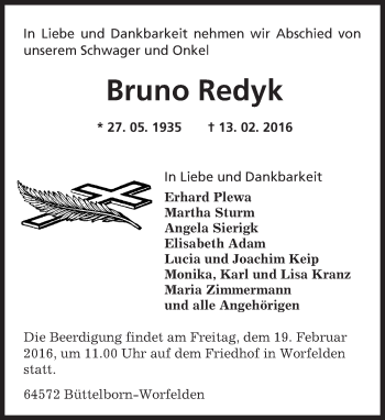 Traueranzeige von Bruno Redyk von trauer.echo-online.de