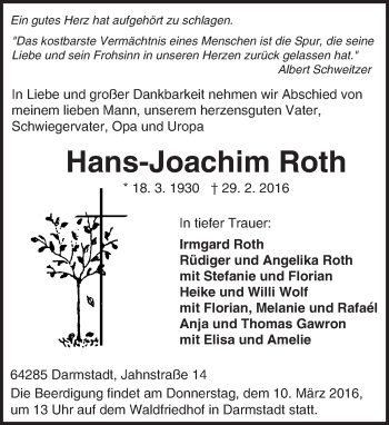 Traueranzeige von Hans-Joachim Roth von trauer.echo-online.de
