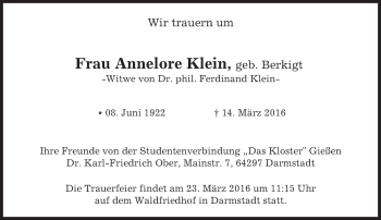 Traueranzeige von Annelore Klein von trauer.echo-online.de