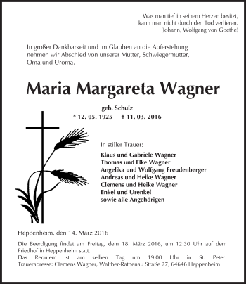 Traueranzeige von Maria Margareta Wagner von trauer.echo-online.de