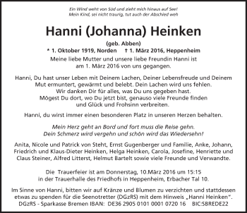 Traueranzeige von Hanni Heinken von trauer.echo-online.de