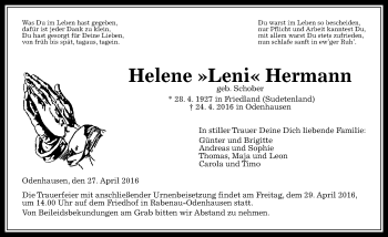 Traueranzeige von Helene Hermann von  Gießener Anzeiger