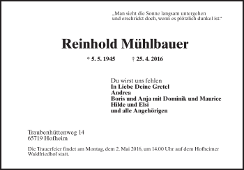 Traueranzeige von Reinhold Mühlbauer von  Hofheimer Zeitung