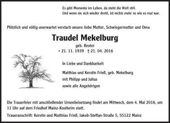 Traueranzeige von Traudel Mekelburg von  Allgemeine Zeitung Mainz