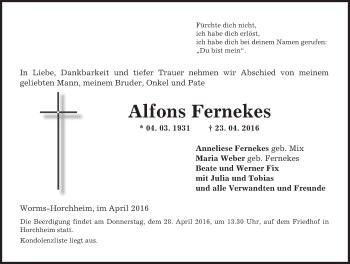 Traueranzeige von Alfons Fernekes von  Wormser Zeitung