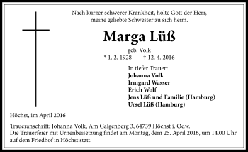 Traueranzeige von Marga Lüß von trauer.echo-online.de
