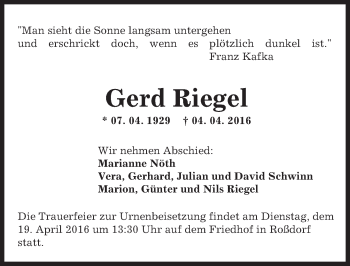 Traueranzeige von Gerd Riegel von trauer.echo-online.de