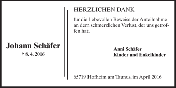 Traueranzeige von Johann Schäfer von  Hofheimer Zeitung