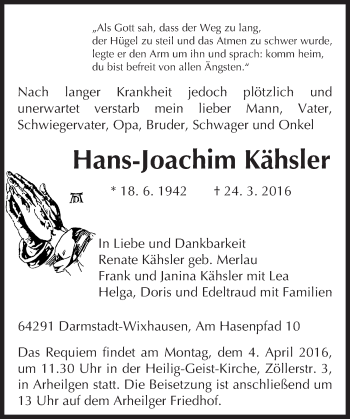 Traueranzeige von Hans-Joachim Kähsler von trauer.echo-online.de