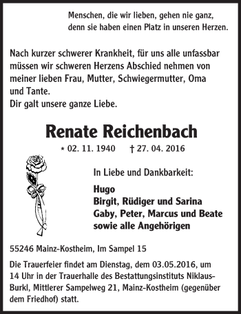 Traueranzeige von Renate Reichenbach von  Allgemeine Zeitung Mainz