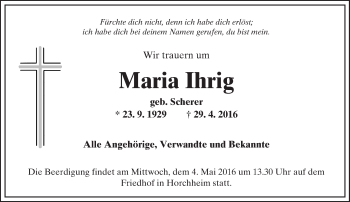 Traueranzeige von Maria Ihrig von  Wormser Zeitung