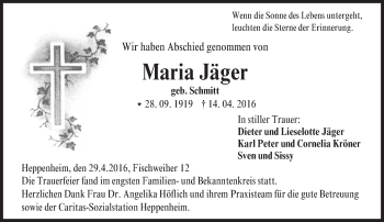 Traueranzeige von Maria Jäger von Trauerportal Echo Online