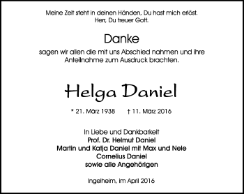 Traueranzeige von Helga Daniel von  Allgemeine  Zeitung Ingelheim-Bingen