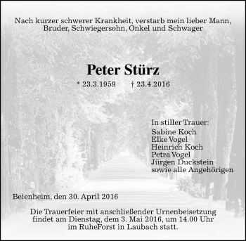 Traueranzeige von Peter Stürz von  Kreisanzeiger