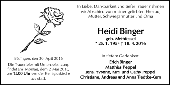 Traueranzeige von Heidi Binger von  Kreisanzeiger