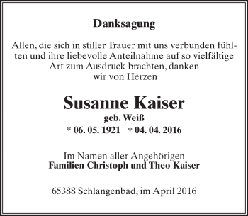 Traueranzeige von Susanne Kaiser von  Wiesbaden komplett