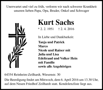 Traueranzeige von Kurt Sachs von trauer.echo-online.de
