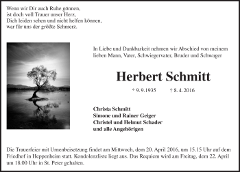 Traueranzeige von Herbert Schmitt von trauer.echo-online.de