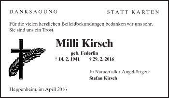 Traueranzeige von Milli Kirsch von  Wormser Zeitung