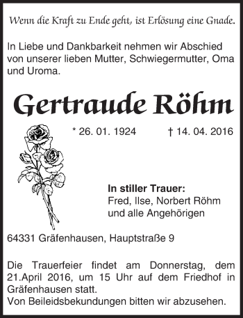 Traueranzeige von Gertraude Röhm von trauer.echo-online.de