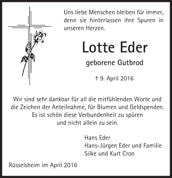 Traueranzeige von Lotte Eder von Trauerportal Echo Online
