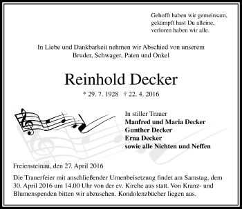 Traueranzeige von Reinhold Decker von VRM Trauer