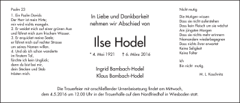 Traueranzeige von Ilse Hodel von  Wiesbaden komplett