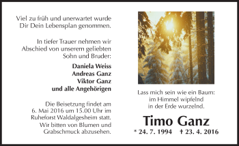 Traueranzeige von Timo Ganz von  Allgemeine  Zeitung Ingelheim-Bingen