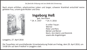 Traueranzeige von Ingeborg Heß von  Gießener Anzeiger