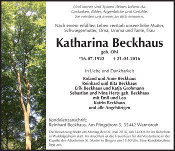 Traueranzeige von Katharina Beckhaus von  Allg. Zeitung Bad Kreuznach