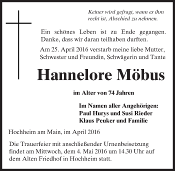 Traueranzeige von Hannelore Möbus von  Hochheimer Zeitung