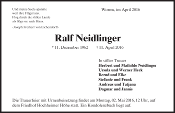 Traueranzeige von Ralf Neidlinger von  Wormser Zeitung