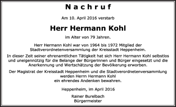 Traueranzeige von Hermann Kohl von trauer.echo-online.de