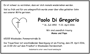 Traueranzeige von Paolo Di Gregorio von  Wiesbaden komplett