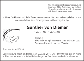 Traueranzeige von Gunther von Diemar von  Gießener Anzeiger