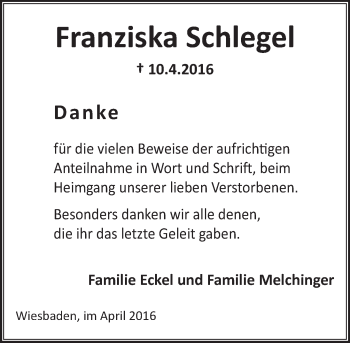 Traueranzeige von Franziska Schlegel von  Wiesbaden komplett