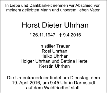 Traueranzeige von Horst Dieter Uhrhan von trauer.echo-online.de
