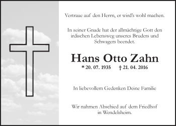Traueranzeige von Hans Otto Zahn von  Allgemeine Zeitung Alzey