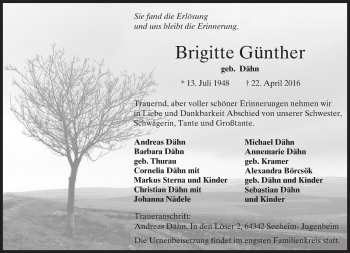 Traueranzeige von Brigitte Günther von Trauerportal Echo Online