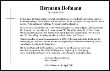 Traueranzeige von Hermann Hofmann von  Allgemeine  Zeitung Ingelheim-Bingen